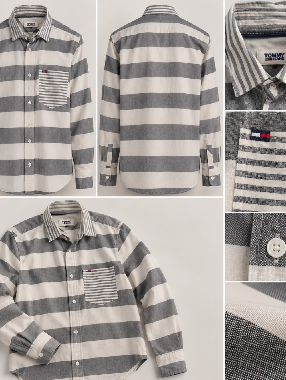 Tommy Hilfiger Men's Gray and White Wide-Stripe Button-Down Shirt